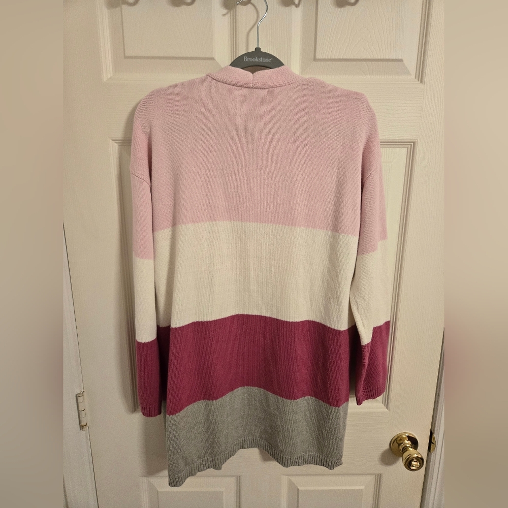 Andree By Unit Pink and Cream Colorblock Cardigan Open Front Pockets Size Medium - Picture 2 of 4